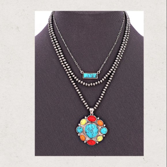 Kikiboheme Jewelry - Multi-Layered Rainbow Stone Silver Beaded Necklace Boho Western Cowgirl Necklace